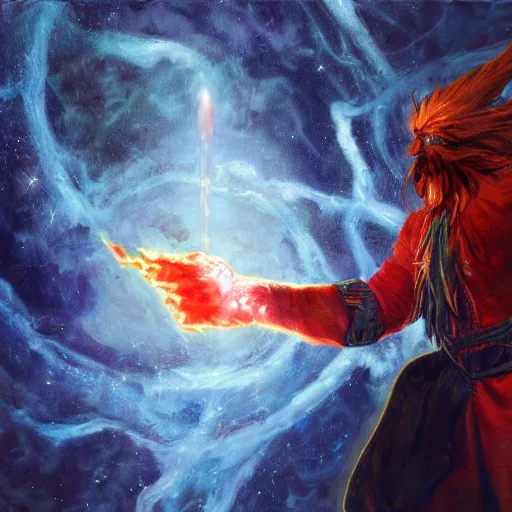 Image similar to Highly detailed oil painting, concept art, of a wizard casting a fireball spell, fighting against a huge ice giant, red and blue color scheme, concept art, highly detailed.