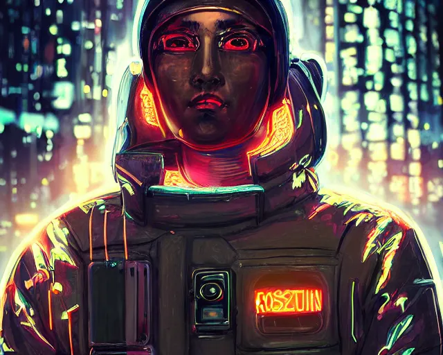 Image similar to detailed portrait neon guard man with short brown hair seen from the back, cyberpunk futuristic, reflective puffer jacket, black leggings, decorated with traditional ornaments in front of a dystopian crowd with piles of garbage perfect face, fine details, realistic shaded, fine - face, pretty face by rossdraws