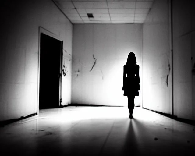 Prompt: creepy woman wearing white dress standing in the backrooms, psychological horror, the eerie forlorn atmosphere of a place that's usually bustling with people but is now abandoned and quiet, buzzing fluorescent lights above the ceiling, unsettling images, liminal space, dark