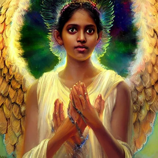 Prompt: Sri lankan girl as a winged angel covered in eyes with glowing halo, iridescent, seraphim, art by Daniel F. Gerhartz,