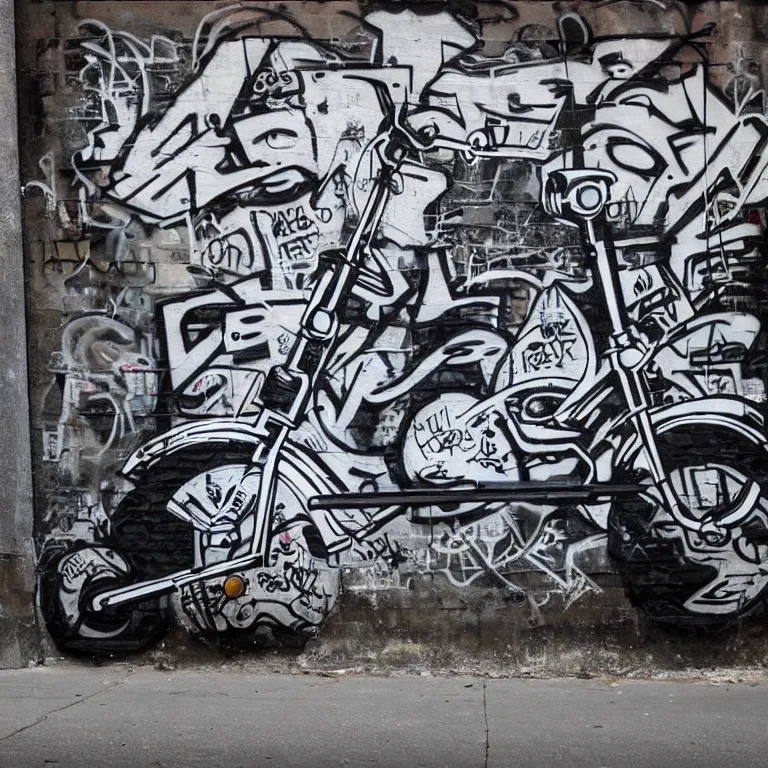 Image similar to a painting of a electro scooter in style of banksy, grayscale, high detailed, street-art, graffiti