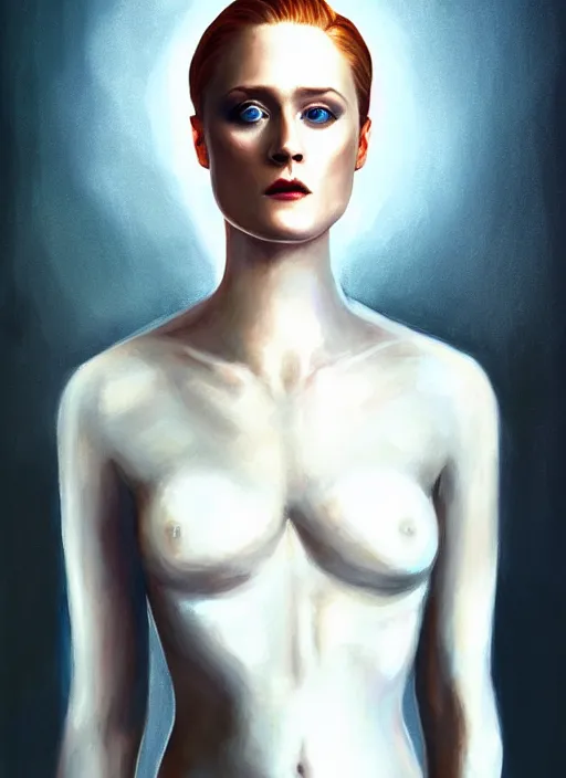 Image similar to goddess, Evan Rachel Wood, pale, holy, gorgeous, full body white dress, symmetrical face, high fantasy, concept art, warm lighting, painting