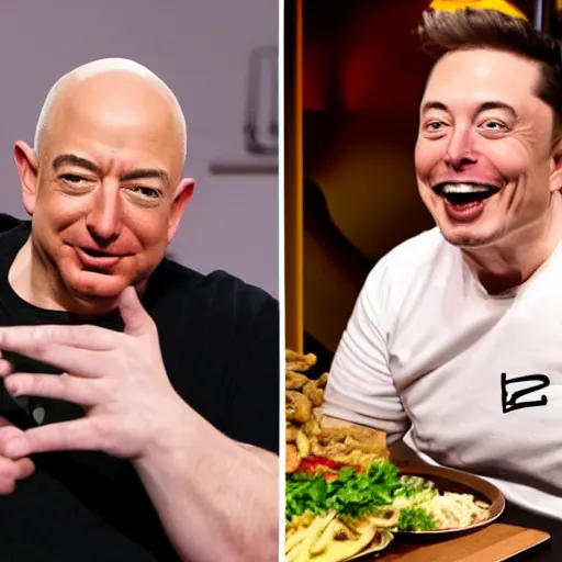 Prompt: obese jeff bezos and elon musk mukbang