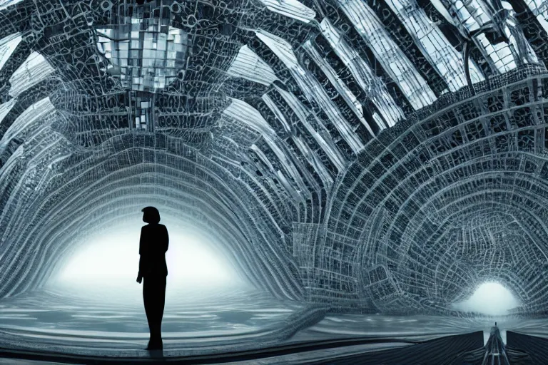 Prompt: tourists visiting a complex organic fractal 3 d ceramic humanoid megastructure, cinematic shot, foggy, photo still from movie by denis villeneuve