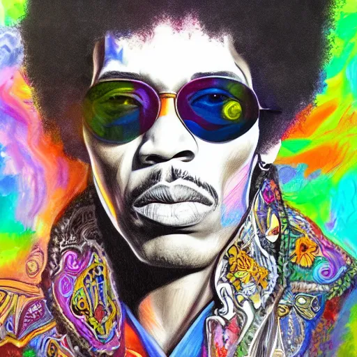 Prompt: An extremely psychedelic portrait of Jimi Hendrix wearing a crown and sunglasses, surreal, LSD, face, detailed, intricate, elegant, lithe, highly detailed, digital painting, artstation, concept art, smooth, sharp focus, illustration