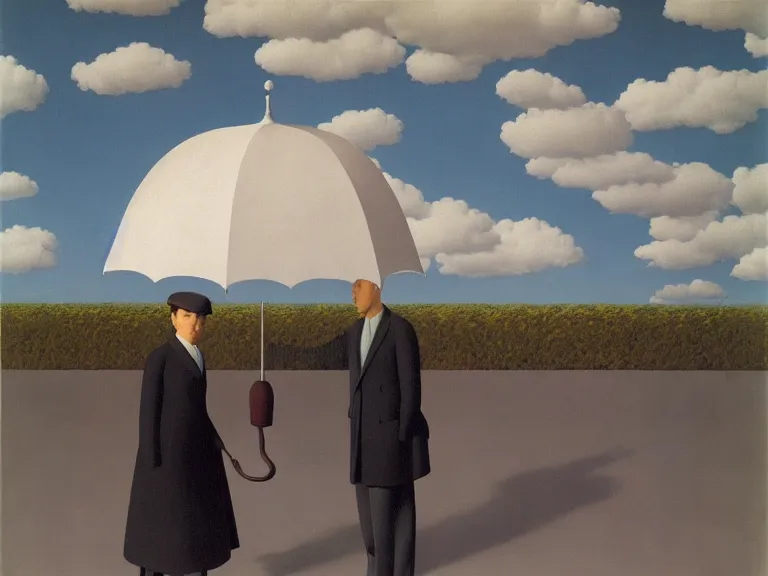 Image similar to umbrella with cloud color, painting by rene magritte, centered, high detail, high resolution