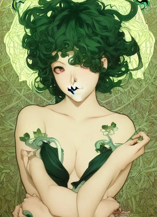 Prompt: detailed portrait art of tatsumaki with green curly hair, art by ross tran ilya kuvshinov krenz cushart, by alphonse mucha, very detailed, intricate, digital anime art, sharp focus