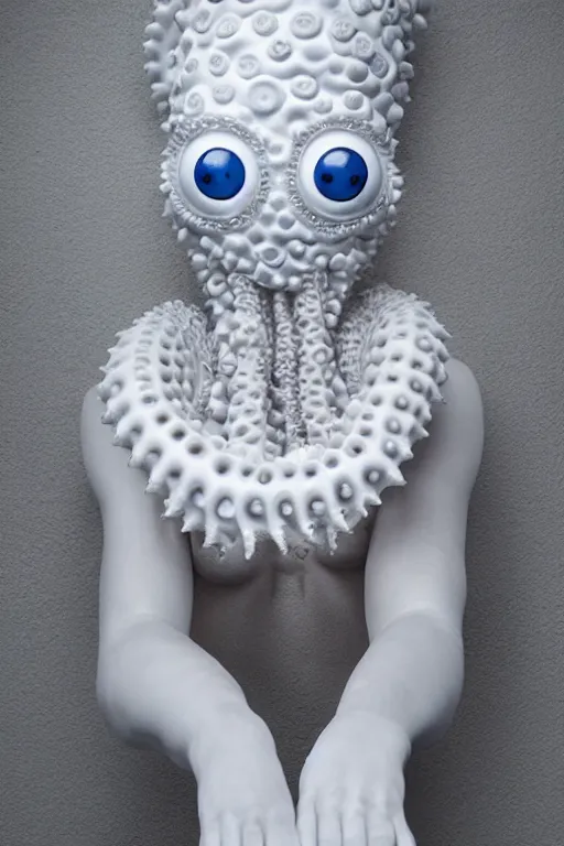 Image similar to full head and shoulders, beautiful porcelain female person, with many eyeballs, smooth, delicate facial features, white detailed eyes, white lashes, 3 d white shiny thick, large octopus tentacles and eyeballs by daniel arsham and james jean