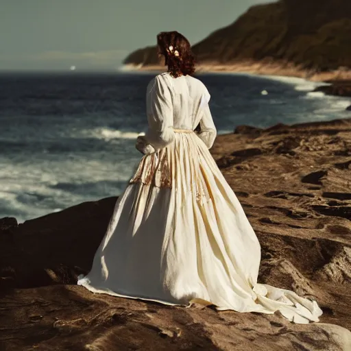 Image similar to a wonderful lady dressed with a large and decorate majestic roses and cream cotton dress that is coming from the ocean, dramatic light, octane--8k