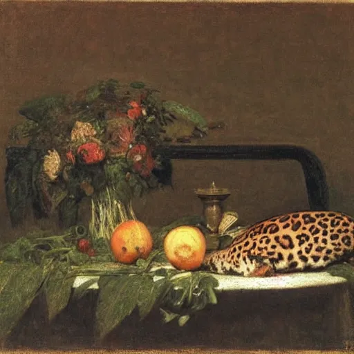 Prompt: Realistic still life of a Jaguar XK straight six engine, by Henri Fantin-Latour, 1866,