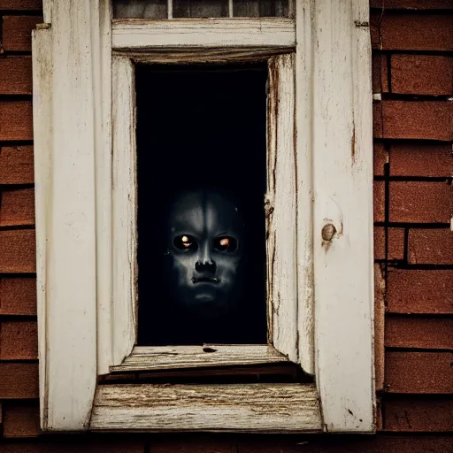 Prompt: black figure looking through window, massive creepy white eyes, award - winning 4 k photography