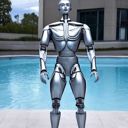 Image similar to made of ice, a realistic detailed photo of a guy who is an attractive humanoid who is half robot and half humanoid, who is a male android, on display, blank stare, showing off his muscles, shiny skin, posing like a statue, by the pool, frozen ice statue, twitch streamer / gamer ludwig, humanoid robot