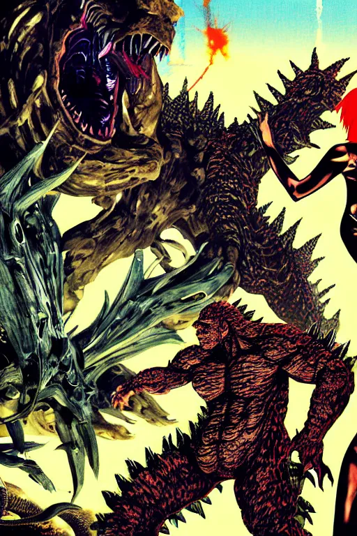 Image similar to adam and eve versus godzilla, gta smooth painting, illustration, torn cosmo magazine style, concept art, pop art style, art by yoji shinkawa, ayami kojima, tetsuya nomura, bob rafei