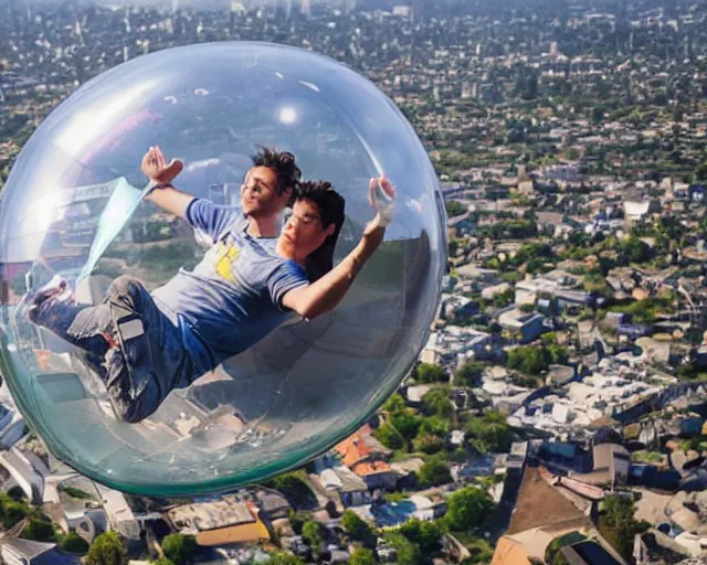 Prompt: filthy gamer floating gently down from the sky in a plastic wrapped bubble. aerial footage. he is wearing a gameboy on his hands.