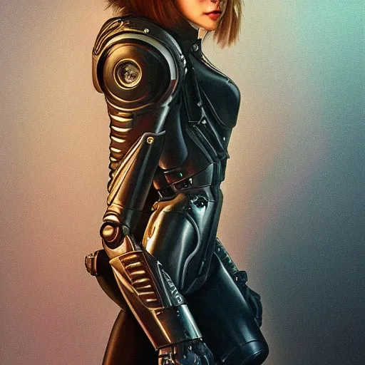 Prompt: a portrait of a cute female robot wearing a leather motorcycle jacket, intricate mechanical parts, sad face, wistful expression, bob cut hair, cinematic, intricate details and textures, soft lighting, epic pose, by artgerm, greg rutkowski, alphonse mucha, 8 k