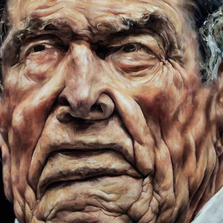 Prompt: close up studio portrait of aging old Ronald Reagan age 115 wrinkled sad, glossy impasto oil painting by Lucian Freud and Tim Hawkinson and Cy Twombly, trending on artstation Studio lighting Expressionism