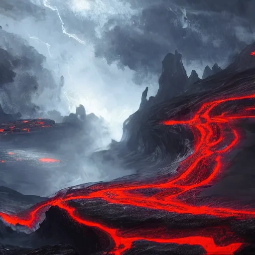 Image similar to cataclysm with a huge storm and rivers of lava, fantasy, concept art, artstation, hd 4 k