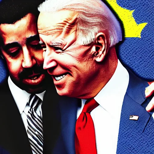 Prompt: Joe Biden and Nicolas Maduro hugging in Tehran, digital art