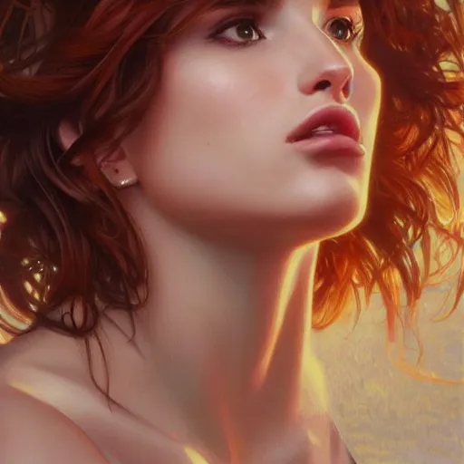 Image similar to ultra realistic illustration, bella thorne blowing a kiss, intricate, elegant, highly detailed, digital painting, artstation, concept art, smooth, sharp focus, illustration, art by artgerm and greg rutkowski and alphonse mucha