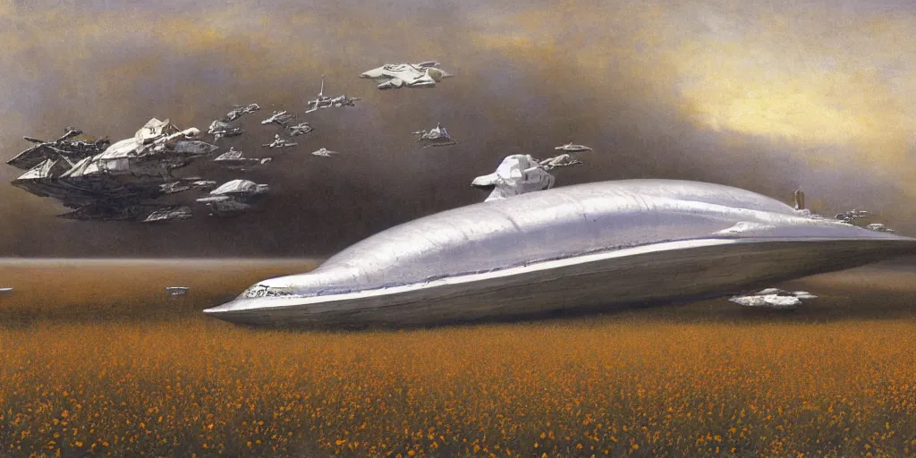 Prompt: Fernand Khnopff white giant spaceship starship battlestar airship landed laying in center on tansy wormwood field, snowy mountain afar by Fernand Khnopff by john berkey, oil painting, concept art
