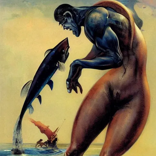 Prompt: a sardine in a can, by frank frazetta