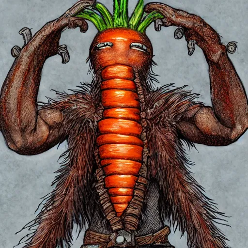 Prompt: a carrot man monster, orange eyes, 4 k, 8 k, super detailed, masterpiece, trending on art station, highly detailed, full hd, in kentaro miura art style