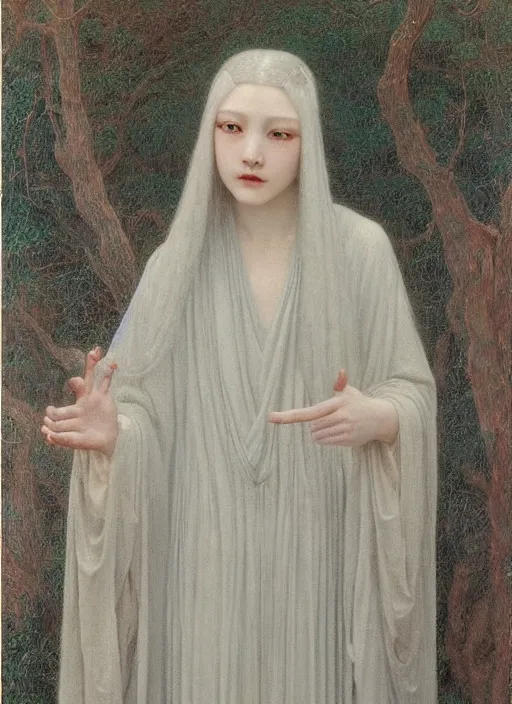 Prompt: thin young beautiful girl with silver hair, pale!, wearing robes, wearing hair, female goddess, pale smooth, young cute wan asian face, silver robes!!, oil on canvas by jean delville, 4 k resolution, aesthetic!,