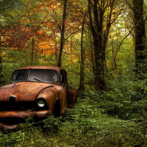 Image similar to a rusted old abandoned car in an eerie forest, sunlight seeping in through the trees
