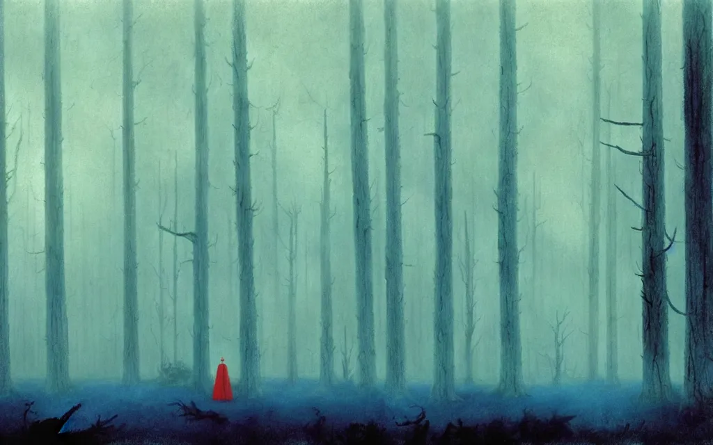 Image similar to red alert in the blue forest, atmospheric, mysterious, mist, high detail, concept art, by tove jansson and john harris