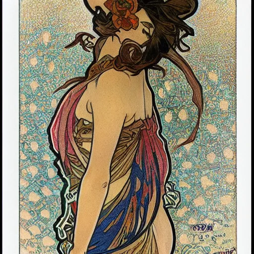 Prompt: embroidery tattoos painted by alphonse mucha