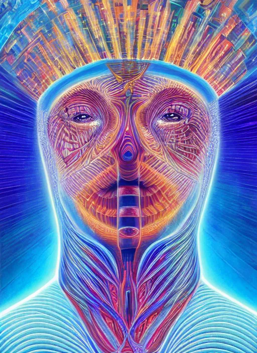 Image similar to humankind transcendence into collaborative intelligence, connectedness, bosy, ai, by alex grey, album cover, award winning, beautiful, colorful, volumetric lighting, trending on artstation