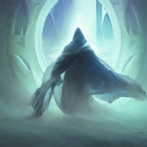 Prompt: ''cinematic shot'' white hooded mage ( spectre ) with leaves falling simetrical 8 k atmosferic realistic, radiant light, made by ivan aivazovsky, peter mohrbacher, greg rutkowski volumetric light effect broad light oil painting painting fantasy art style sci - fi art style realism premium prints available artwork unreal engine