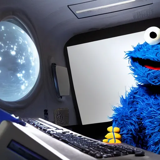 Prompt: cookie monster using a computer in a spaceship