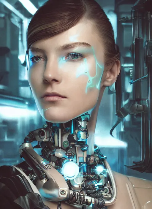 Image similar to cyberpunk,sci-fi, fantasy,Kodak Portra 400, 8K, soft light, volumetric lighting, highly detailed, britt marling style 3/4 ,portrait photo of a beautiful cyborg robot woman in a chemical laboratory + face, intricate, elegant, highly detailed, digital painting, artstation, concept art, smooth, sharp focus, illustration,art by artgerm and greg rutkowski and alphonse mucha