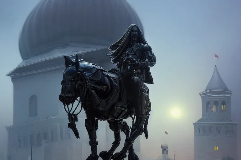 Image similar to cybernetic Keanu Reeves, outside kremlin, close up, mechanical body, artstation, fantasy, intricate, beautiful, cinematic, octane render, arnold render, 8k, hyperrealism, detailed, sharp focus, 4k uhd, masterpiece, award winning, painting by Ivan Aivazovsky and Greg Rutkowski