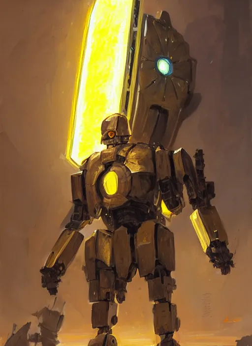 Prompt: human-sized strong intricate yellow pit droid carrying beautiful paladin greatsword and beautiful large paladin shield, pancake short large head, exposed metal bones, painterly humanoid mecha, by Greg Rutkowski