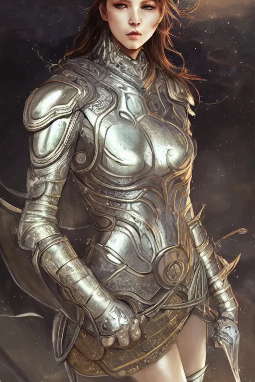 Image similar to portrait knights of Zodiac girl, silver and ice color reflected armor, in ruined Agora of Athens, ssci-fi, fantasy, intricate, very very beautiful, elegant, golden light, highly detailed, digital painting, artstation, concept art, smooth, sharp focus, illustration, art by WLOP and tian zi and alphonse mucha