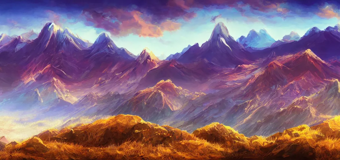 Image similar to vast mountain landscape, craggy mountains, magic the gathering, three - colors, three - color color palette, panoramic, wide angle, horizon, highly detailed