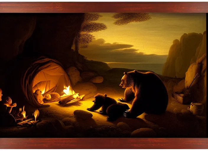 Image similar to Pieter Claesz's 'a bear and her cub sleeping in a dark cave, lit by campfire', night time, cross hatching, backlit, beautiful wooden frame, the colours of the sunset