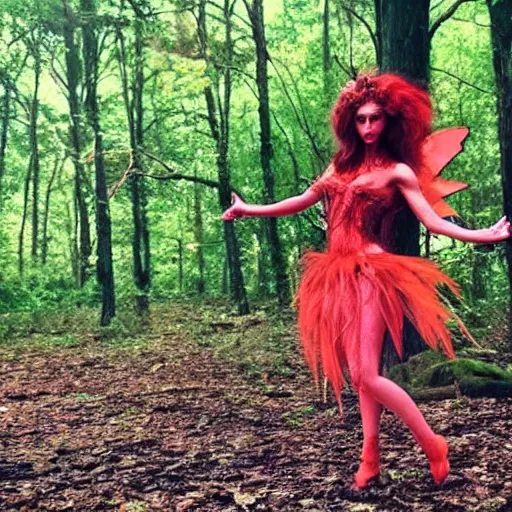 Image similar to a fierce fire fairy appearing suddenly in the middle of mysterious dark forrest full of creepy creatures