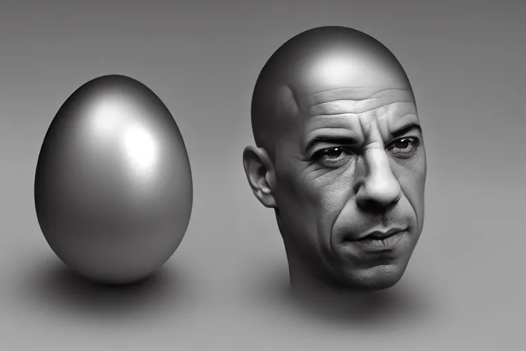 Image similar to egg cup with vin diesel head, silver egg cup, head is an egg, hyper detailed, digital art, artstation, cinematic lighting, studio quality, smooth render, by boris vallejo, android jones, artgerm, caravaggio