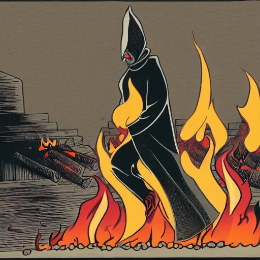 Prompt: full page detailed colored illustration of shadowy man in a dark cloak in front of fire