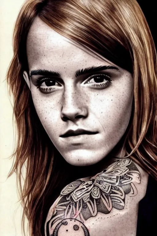 Image similar to emma watson, dope tattoo, hyperrealistic