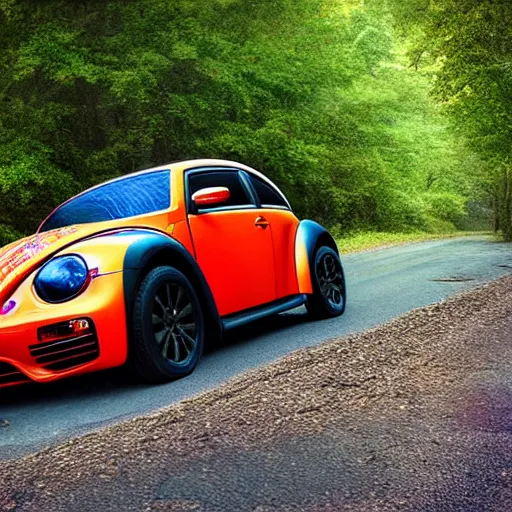 Image similar to promotional scifi - blockbuster movie scene of an insect - ladybug'glossy volkswagen beetle'hybrid. the hybrid is 2 / 3 ladybug. it is flying down a dusty backroad along a gentle creek in smokey mountains tennessee. cinematic, muted dramtic color, 4 k, imax, 7 0 mm, hdr