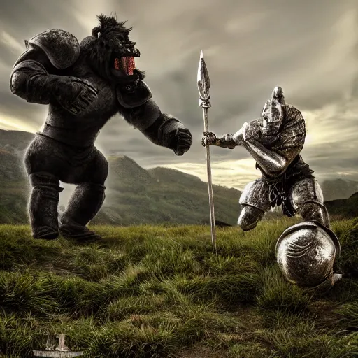 Prompt: knight in black armor fighting a tall troll, realistic, photo, fine detail, 8 k, hdr