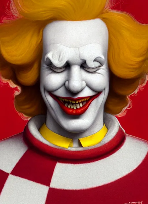 Image similar to close up portrait of ronald mcdonald, red nose and hair, yellow jumper, white collar with red and white striped sleeves by artgerm, cushart krenz, greg rutkowski, mucha. art nouveau. gloomhaven, swirly lunar ripples, pale colors, sharp edges. ultra clear detailed. 8 k. elegant, intricate, octane render