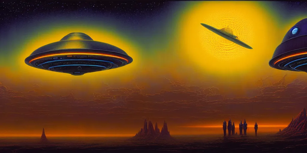 Prompt: cinematic view of a retro scifi ufo, desaturated, psychedelic, tim hildebrandt, wayne barlowe, bruce pennington, donato giancola, larry elmore, oil on canvas, masterpiece, trending on artstation, featured on pixiv, cinematic composition, dramatic, beautiful lighting, sharp, details, hyper - detailed, hd, hdr, 4 k, 8 k