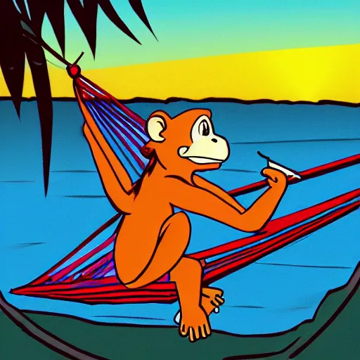 Prompt: a monkey laying a hammock smoking a joint, sunset, cartoon style,