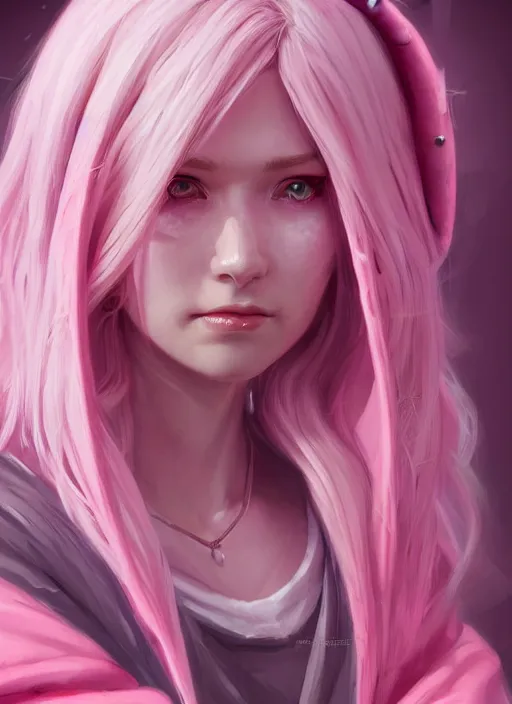 Image similar to a highly detailed illustration of cute smug pink haired pale girl with curved horns wearing oversized pink hoodie, dramatic smirk pose, intricate, elegant, highly detailed, centered, digital painting, artstation, concept art, smooth, sharp focus, league of legends concept art, wlop.
