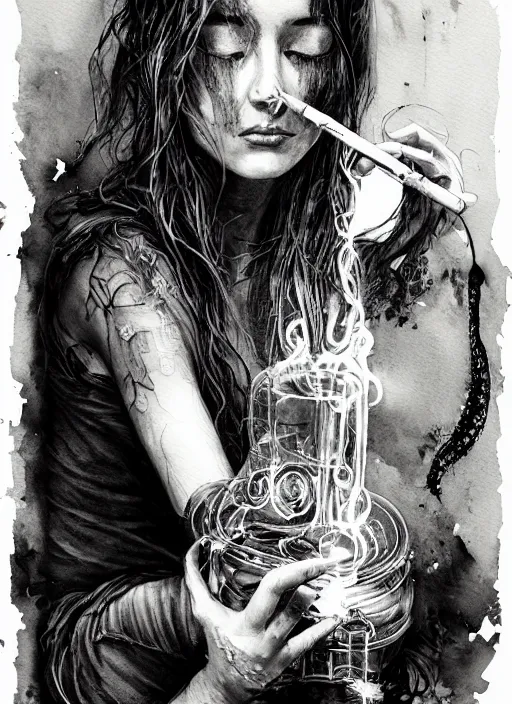 Image similar to portrait, beautiful Stoner hippy girl, sitting down, smoking a magical bong, watercolor, dramatic lighting, cinematic, establishing shot, extremely high detail, foto realistic, cinematic lighting, pen and ink, intricate line drawings, by Yoshitaka Amano, Ruan Jia, Kentaro Miura, Artgerm, post processed, concept art, artstation, matte painting, style by eddie mendoza, raphael lacoste, alex ross